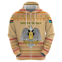 South Sudan Christmas Zip Hoodie with Beige Tribal Pattern, National Emblem, and Green Star Motif - Wonder Print Shop