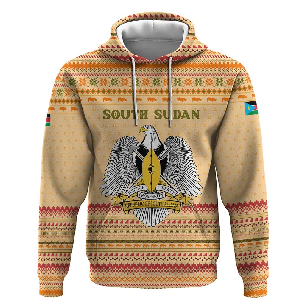 South Sudan Christmas Zip Hoodie with Beige Tribal Pattern, National Emblem, and Green Star Motif - Wonder Print Shop