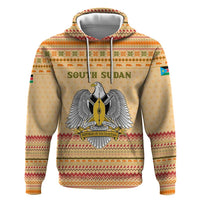 South Sudan Christmas Zip Hoodie with Beige Tribal Pattern, National Emblem, and Green Star Motif - Wonder Print Shop