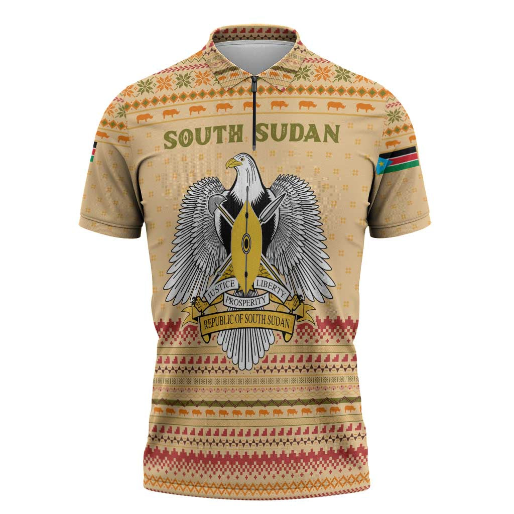 South Sudan Christmas Zipper Polo Shirt with Beige Tribal Pattern, National Emblem, and Green Star Motif - Wonder Print Shop