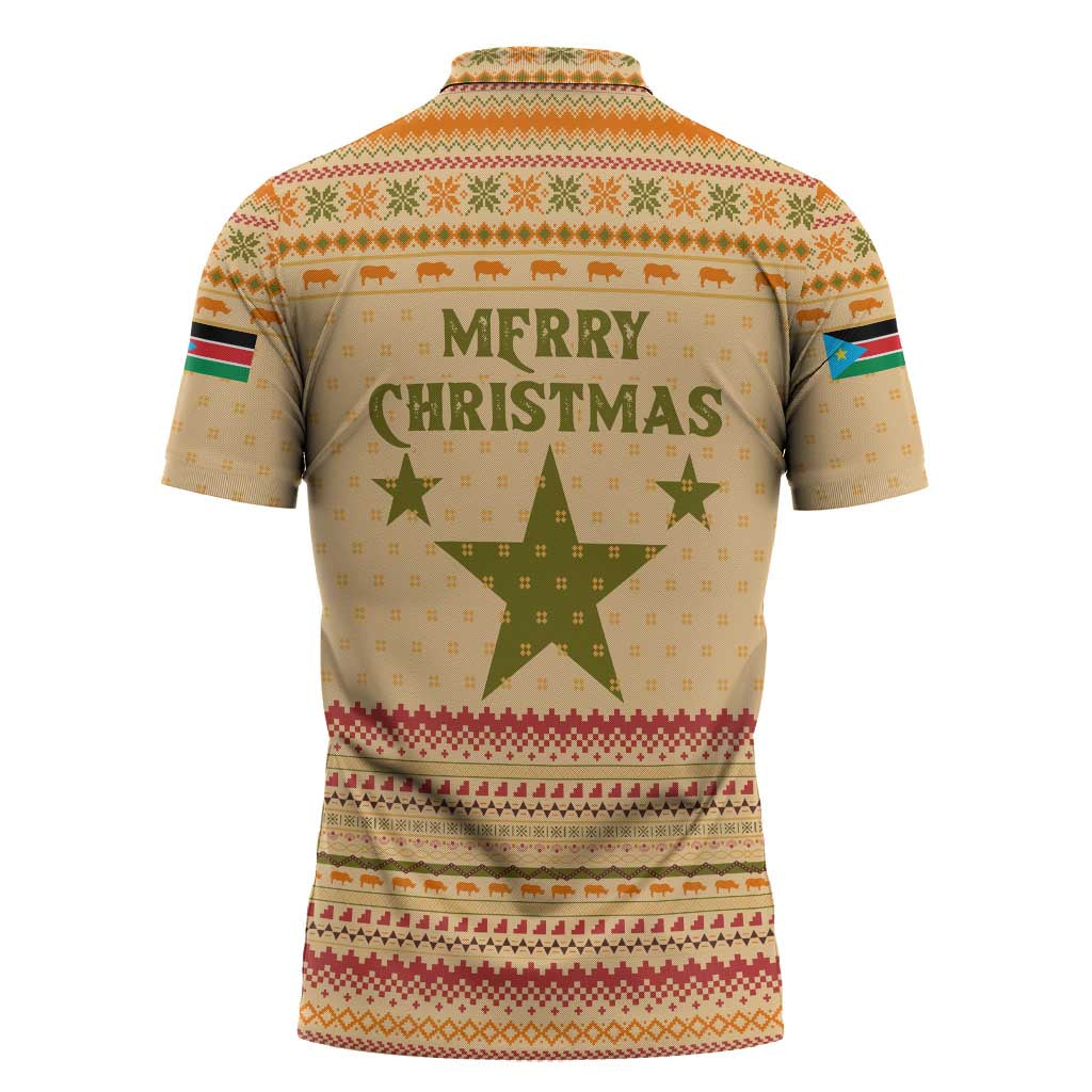 South Sudan Christmas Zipper Polo Shirt with Beige Tribal Pattern, National Emblem, and Green Star Motif - Wonder Print Shop