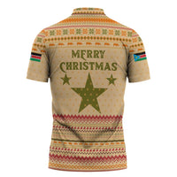 South Sudan Christmas Zipper Polo Shirt with Beige Tribal Pattern, National Emblem, and Green Star Motif - Wonder Print Shop