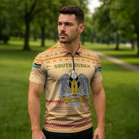South Sudan Christmas Zipper Polo Shirt with Beige Tribal Pattern, National Emblem, and Green Star Motif - Wonder Print Shop