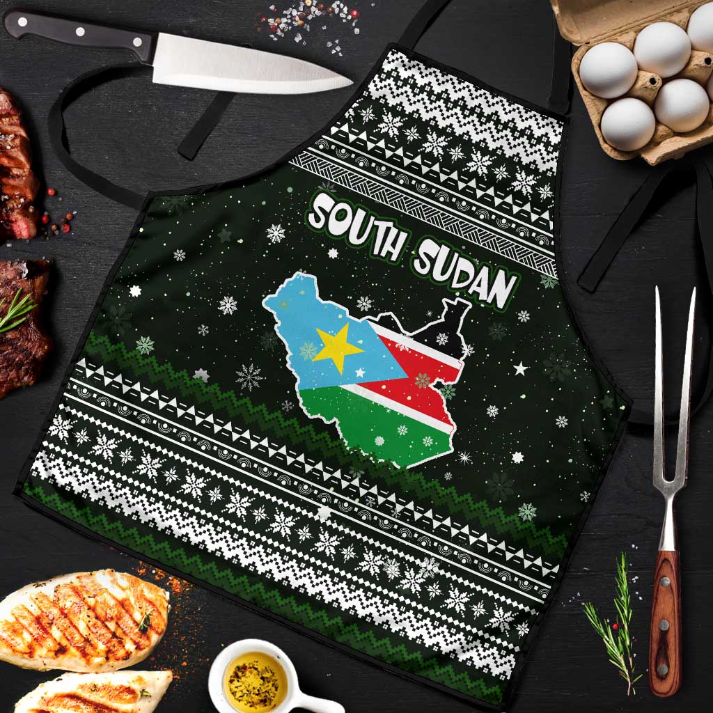 South Sudan Christmas Apron with National Map, Flag Colors, and Sleeping Rhino Motif - Wonder Print Shop