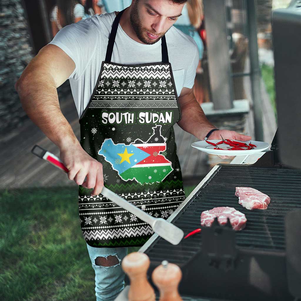 South Sudan Christmas Apron with National Map, Flag Colors, and Sleeping Rhino Motif - Wonder Print Shop