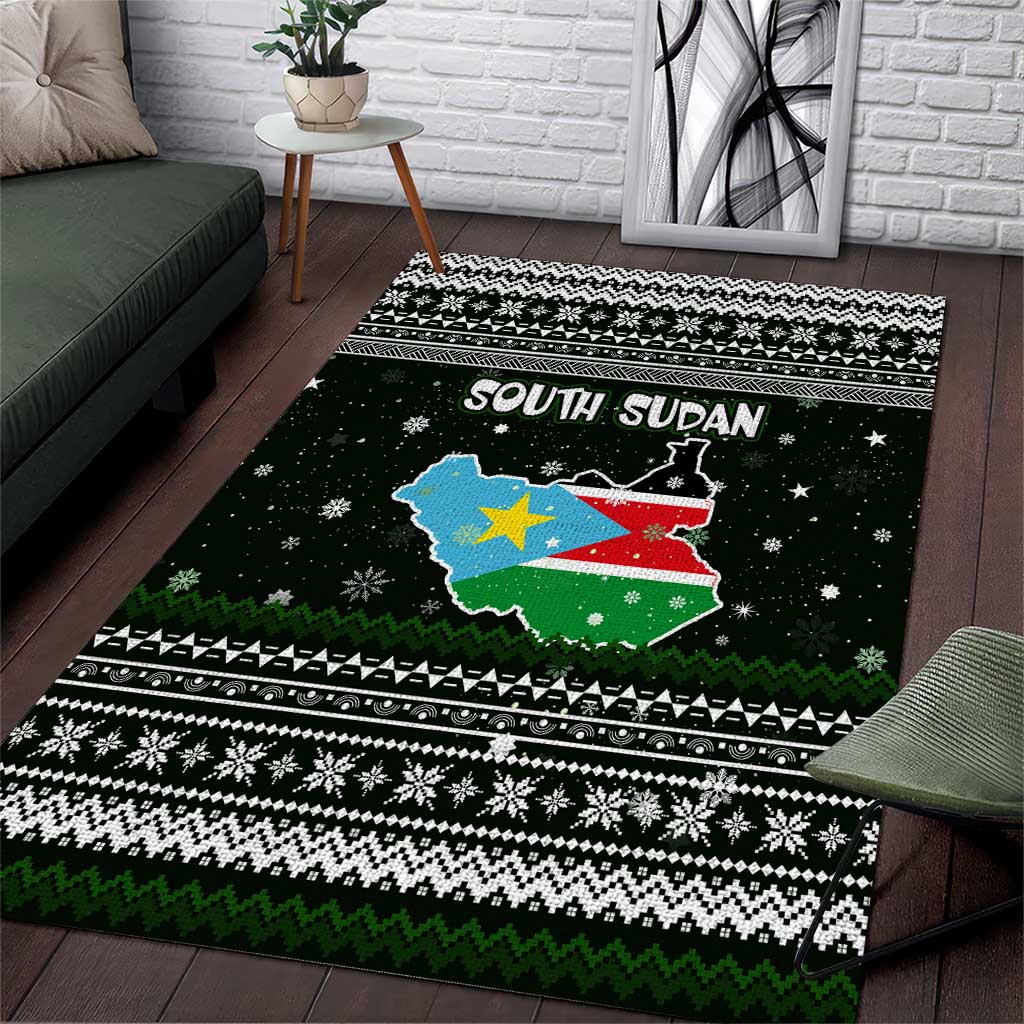 South Sudan Christmas Area Rug with National Map, Flag Colors, and Sleeping Rhino Motif - Wonder Print Shop