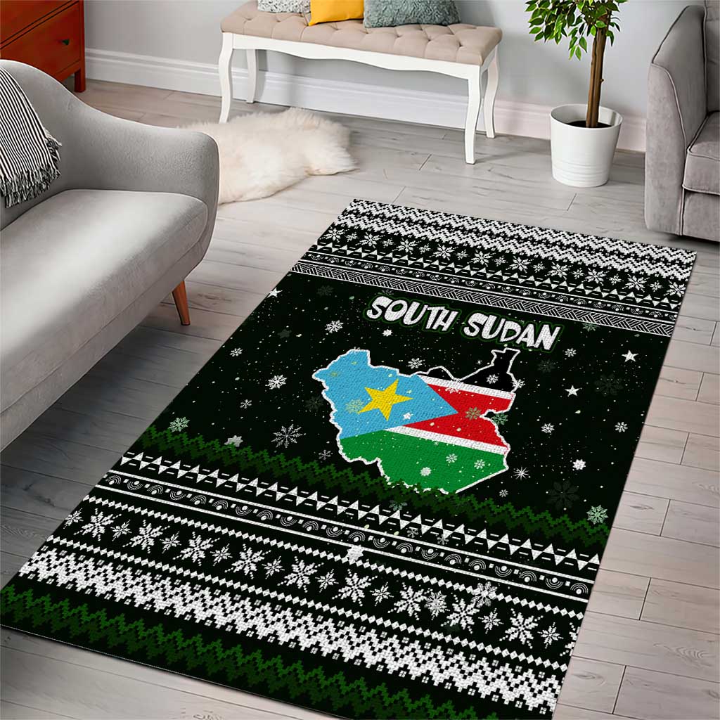 South Sudan Christmas Area Rug with National Map, Flag Colors, and Sleeping Rhino Motif - Wonder Print Shop