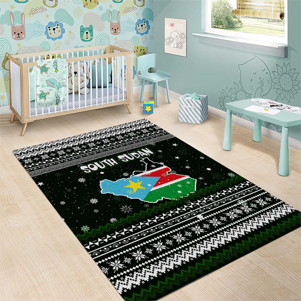 South Sudan Christmas Area Rug with National Map, Flag Colors, and Sleeping Rhino Motif - Wonder Print Shop