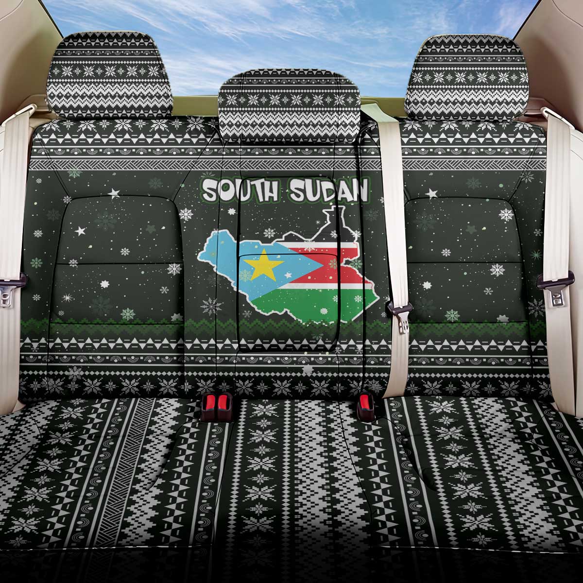 South Sudan Christmas Back Car Seat Cover with National Map, Flag Colors, and Sleeping Rhino Motif - Wonder Print Shop
