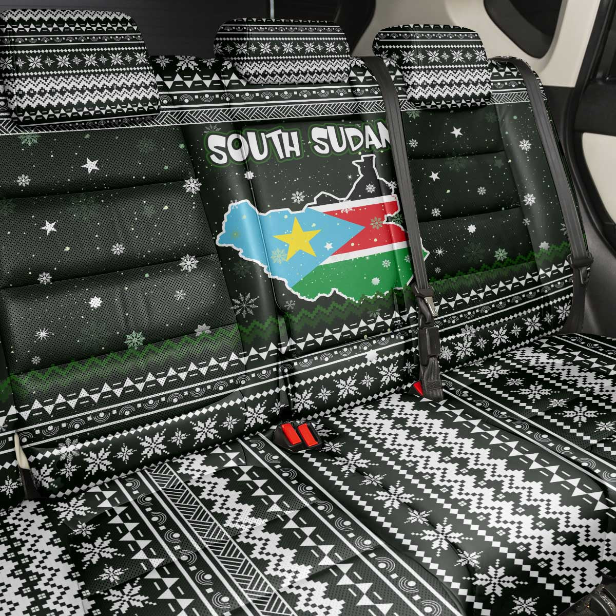 South Sudan Christmas Back Car Seat Cover with National Map, Flag Colors, and Sleeping Rhino Motif - Wonder Print Shop