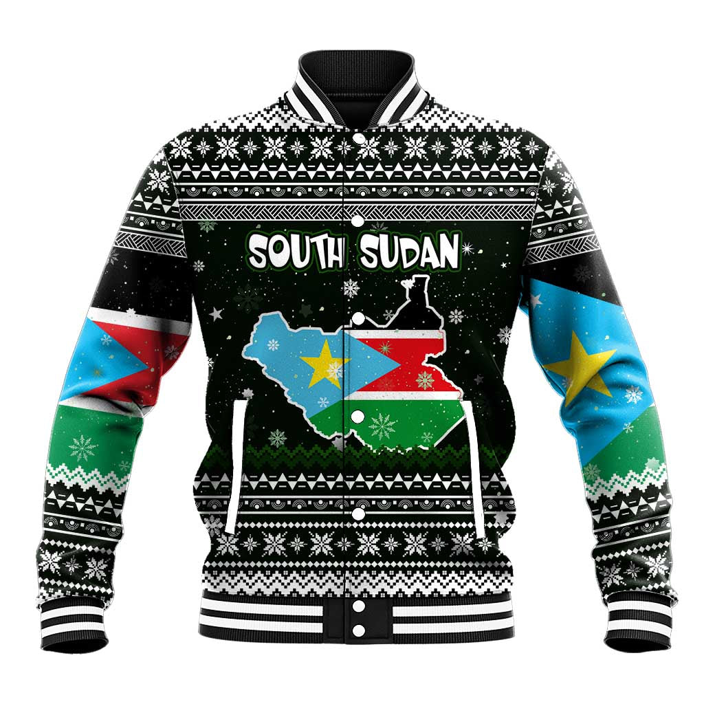 South Sudan Christmas Baseball Jacket with National Map, Flag Colors, and Sleeping Rhino Motif - Wonder Print Shop