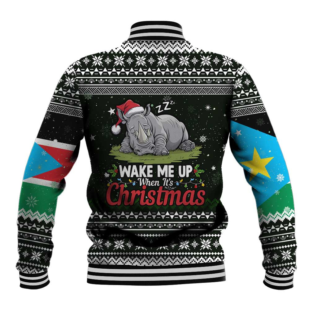 South Sudan Christmas Baseball Jacket with National Map, Flag Colors, and Sleeping Rhino Motif - Wonder Print Shop