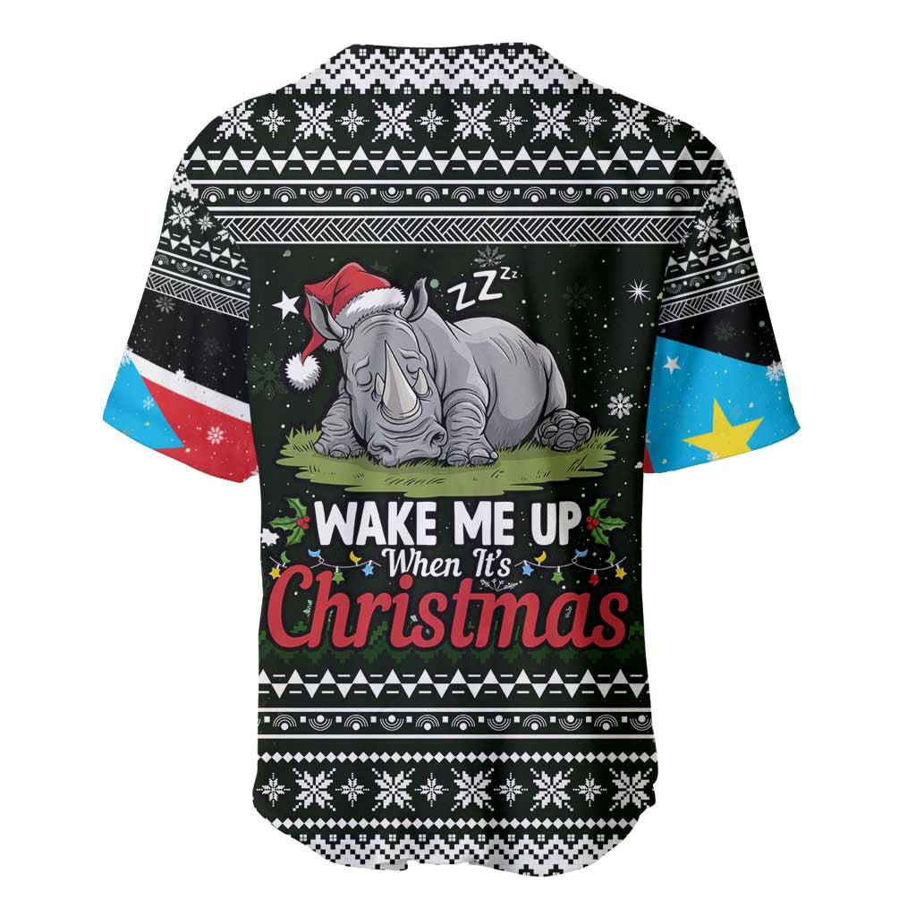 South Sudan Christmas Baseball Jersey with National Map, Flag Colors, and Sleeping Rhino Motif - Wonder Print Shop