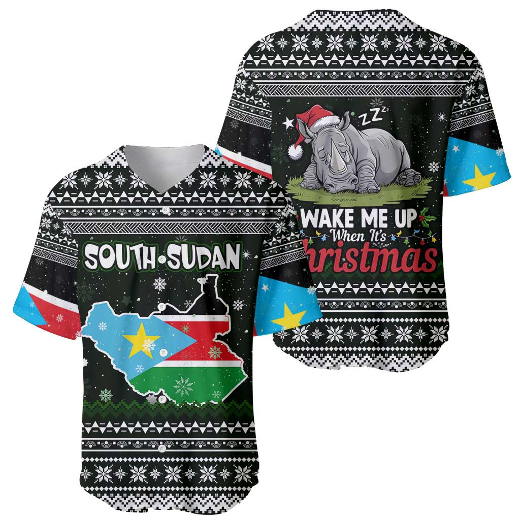 South Sudan Christmas Baseball Jersey with National Map, Flag Colors, and Sleeping Rhino Motif - Wonder Print Shop
