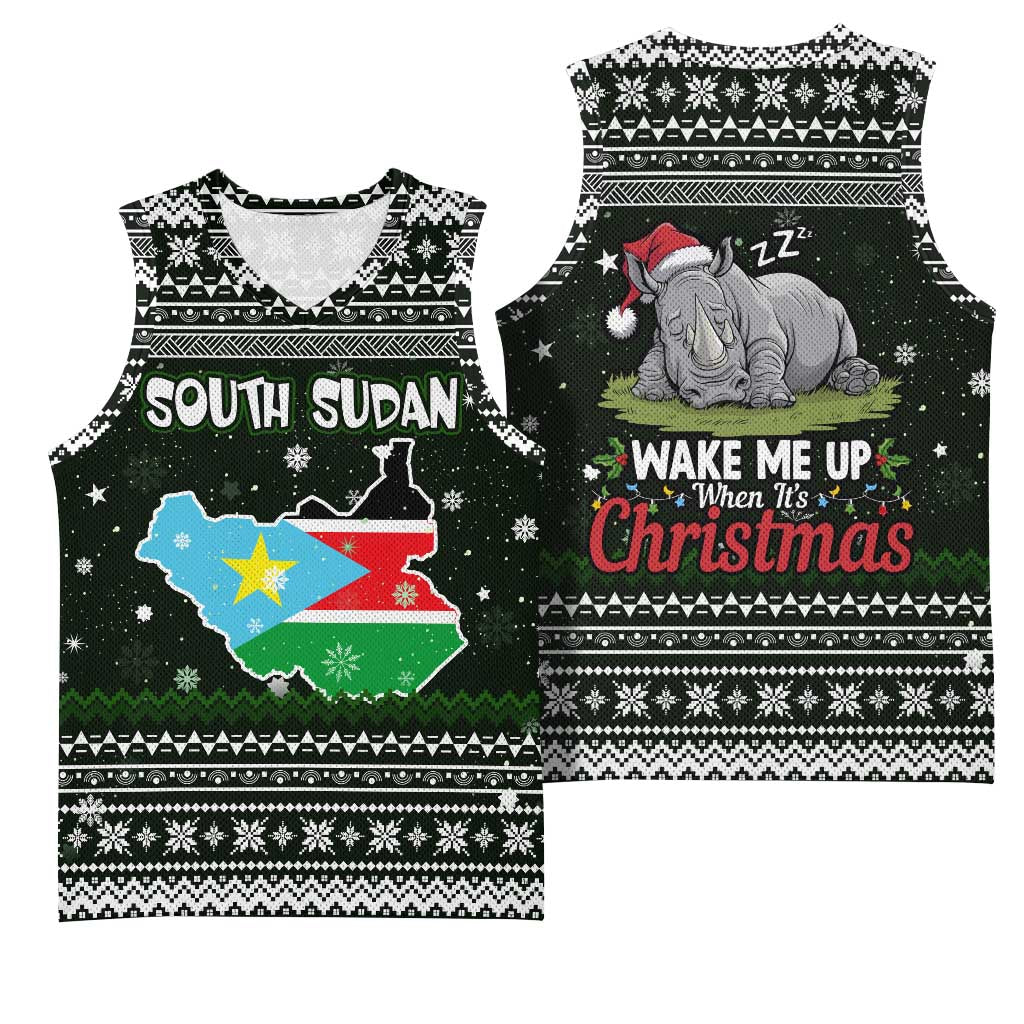 South Sudan Christmas Basketball Jersey with National Map, Flag Colors, and Sleeping Rhino Motif - Wonder Print Shop