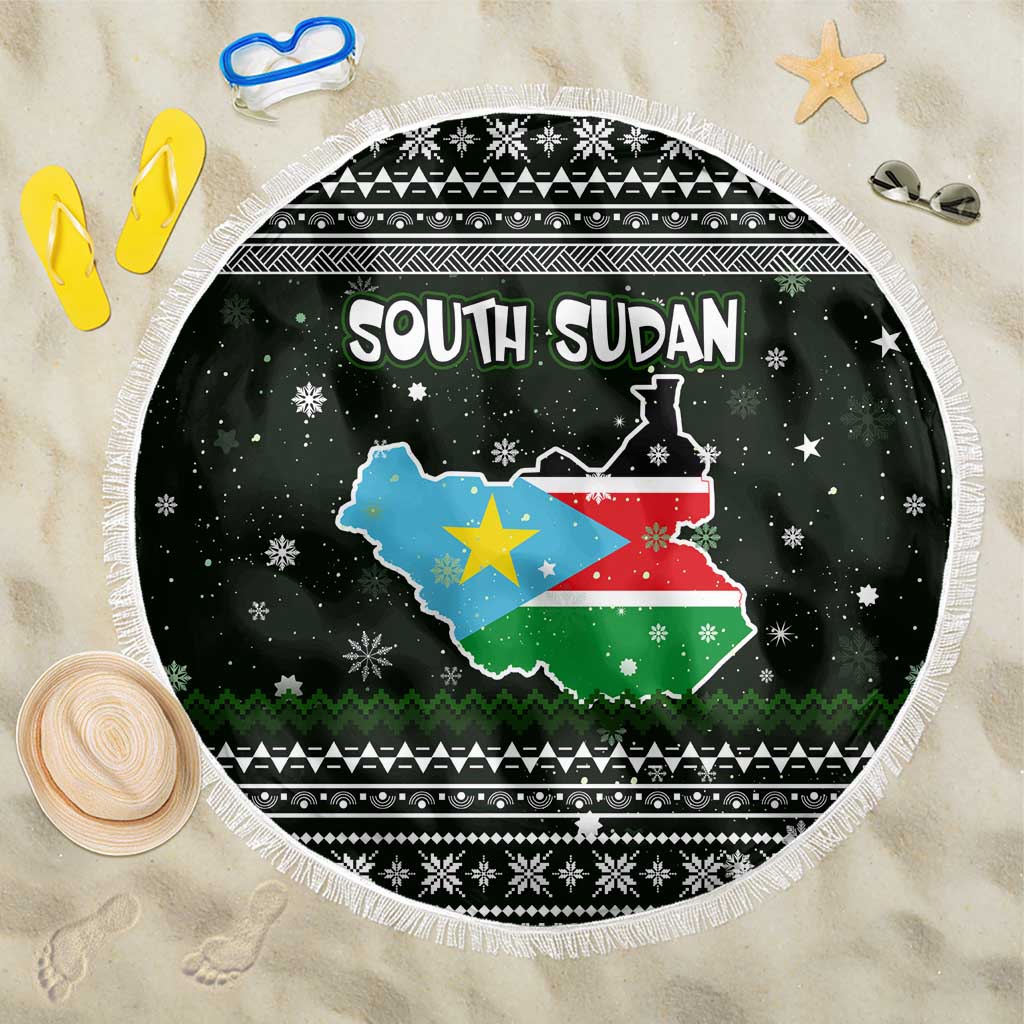 South Sudan Christmas Beach Blanket with National Map, Flag Colors, and Sleeping Rhino Motif - Wonder Print Shop