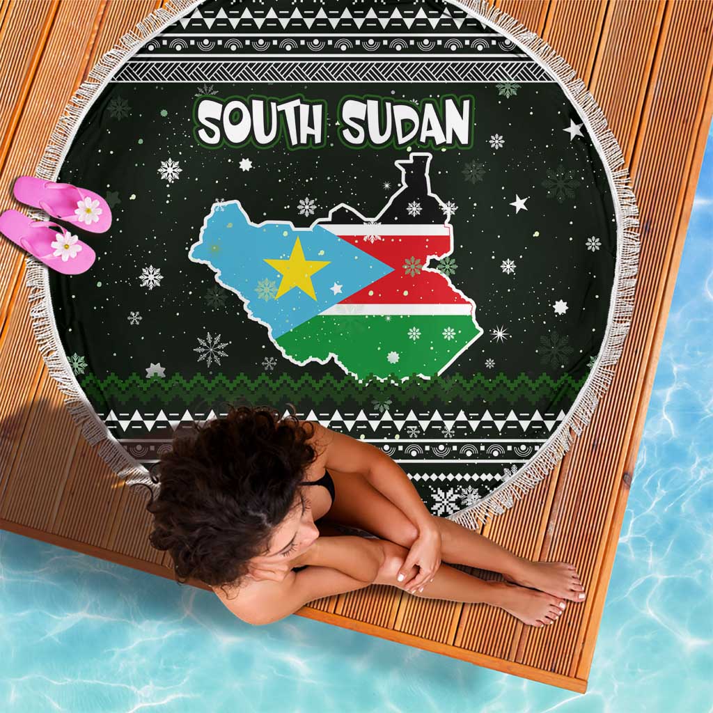 South Sudan Christmas Beach Blanket with National Map, Flag Colors, and Sleeping Rhino Motif - Wonder Print Shop