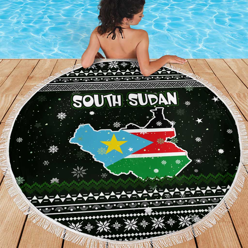South Sudan Christmas Beach Blanket with National Map, Flag Colors, and Sleeping Rhino Motif - Wonder Print Shop