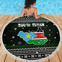 South Sudan Christmas Beach Blanket with National Map, Flag Colors, and Sleeping Rhino Motif - Wonder Print Shop