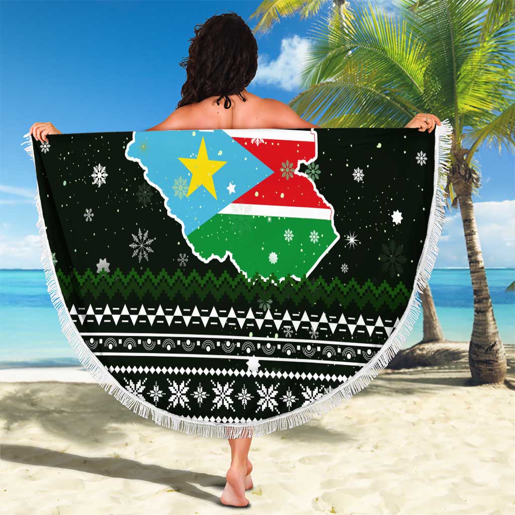 South Sudan Christmas Beach Blanket with National Map, Flag Colors, and Sleeping Rhino Motif - Wonder Print Shop