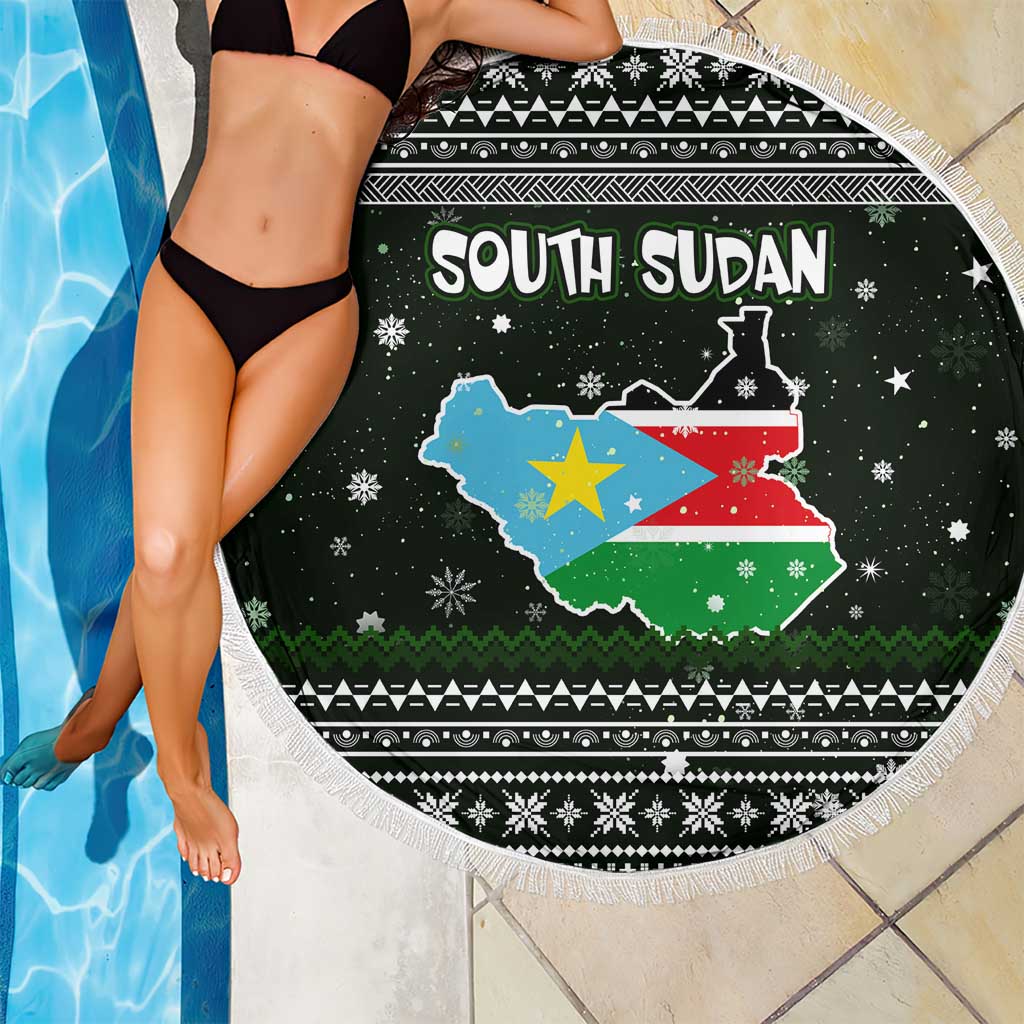 South Sudan Christmas Beach Blanket with National Map, Flag Colors, and Sleeping Rhino Motif - Wonder Print Shop