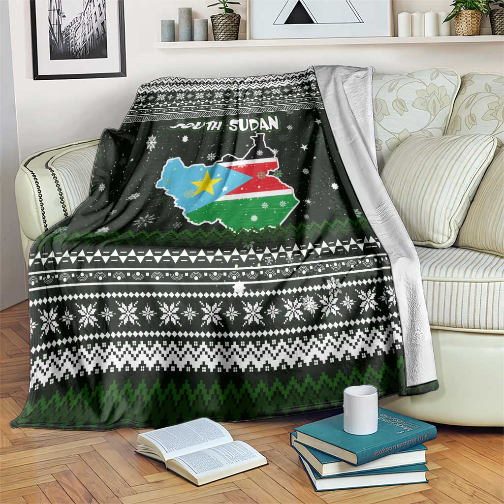 South Sudan Christmas Blanket with National Map, Flag Colors, and Sleeping Rhino Motif - Wonder Print Shop