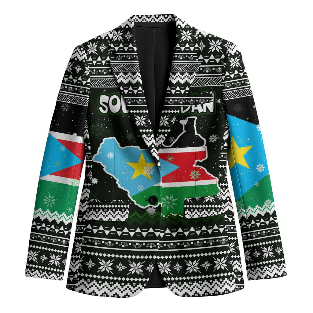 South Sudan Christmas Blazer with National Map, Flag Colors, and Sleeping Rhino Motif - Wonder Print Shop