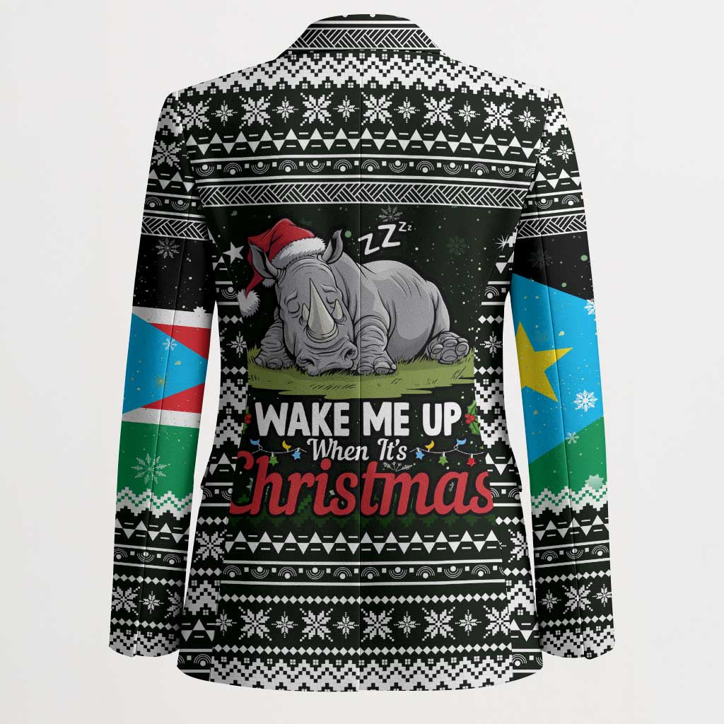 South Sudan Christmas Blazer with National Map, Flag Colors, and Sleeping Rhino Motif - Wonder Print Shop