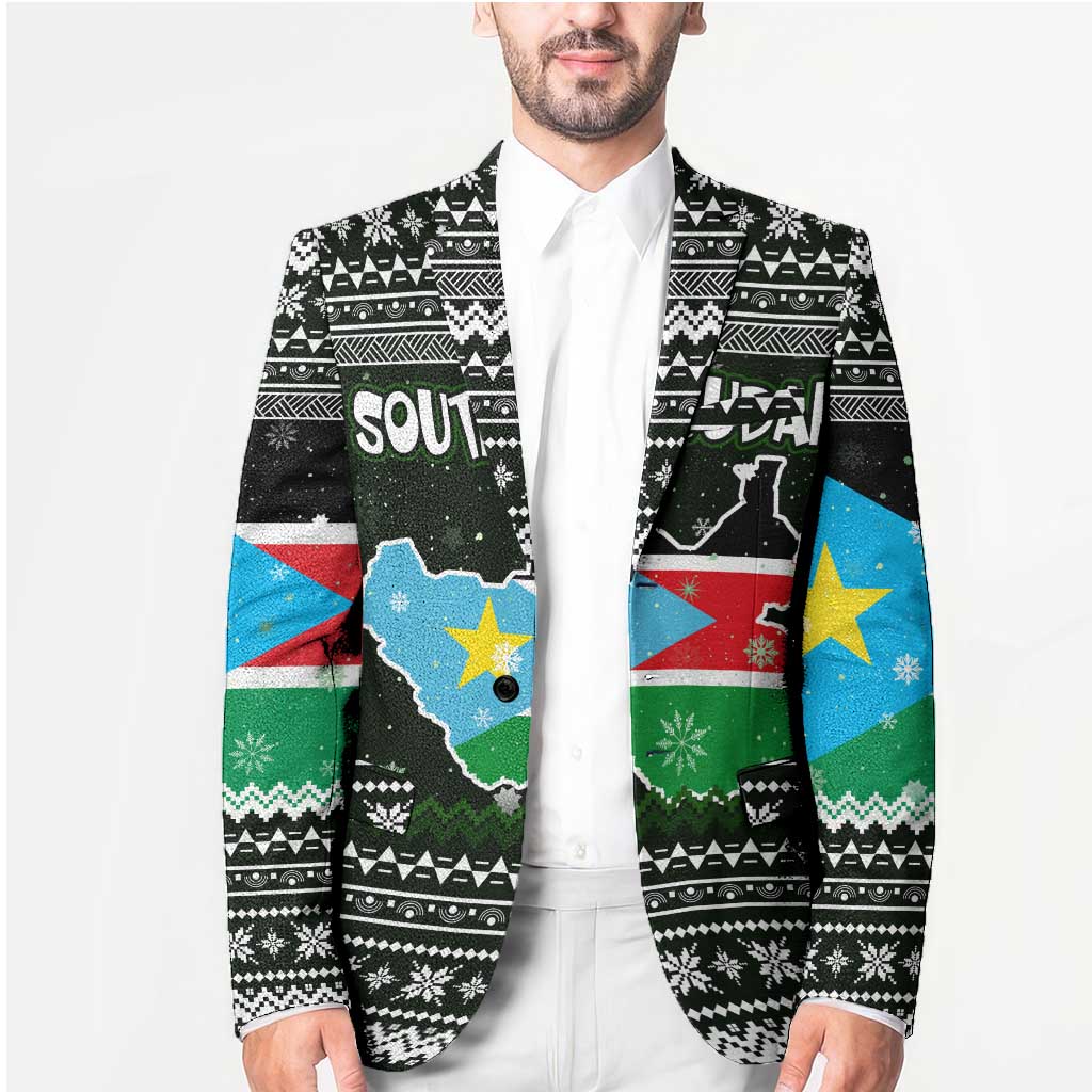 South Sudan Christmas Blazer with National Map, Flag Colors, and Sleeping Rhino Motif - Wonder Print Shop