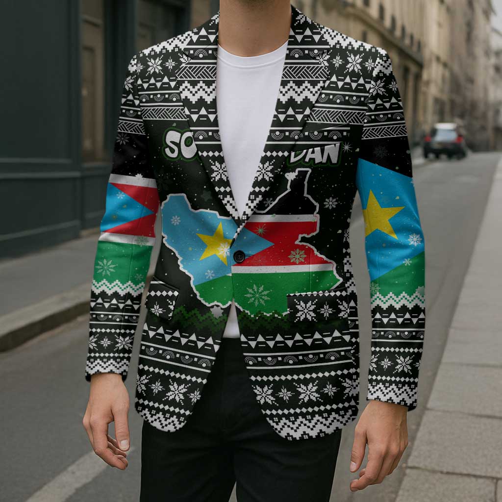 South Sudan Christmas Blazer with National Map, Flag Colors, and Sleeping Rhino Motif - Wonder Print Shop