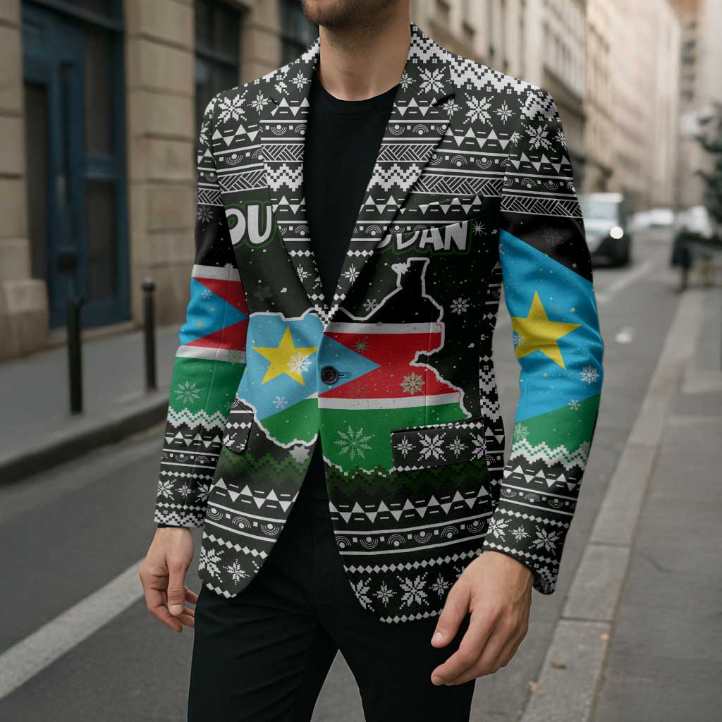 South Sudan Christmas Blazer with National Map, Flag Colors, and Sleeping Rhino Motif - Wonder Print Shop