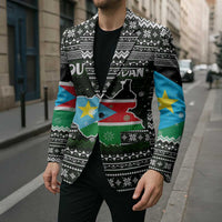 South Sudan Christmas Blazer with National Map, Flag Colors, and Sleeping Rhino Motif - Wonder Print Shop