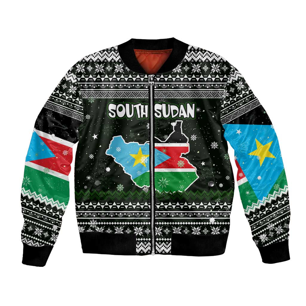 South Sudan Christmas Bomber Jacket with National Map, Flag Colors, and Sleeping Rhino Motif - Wonder Print Shop