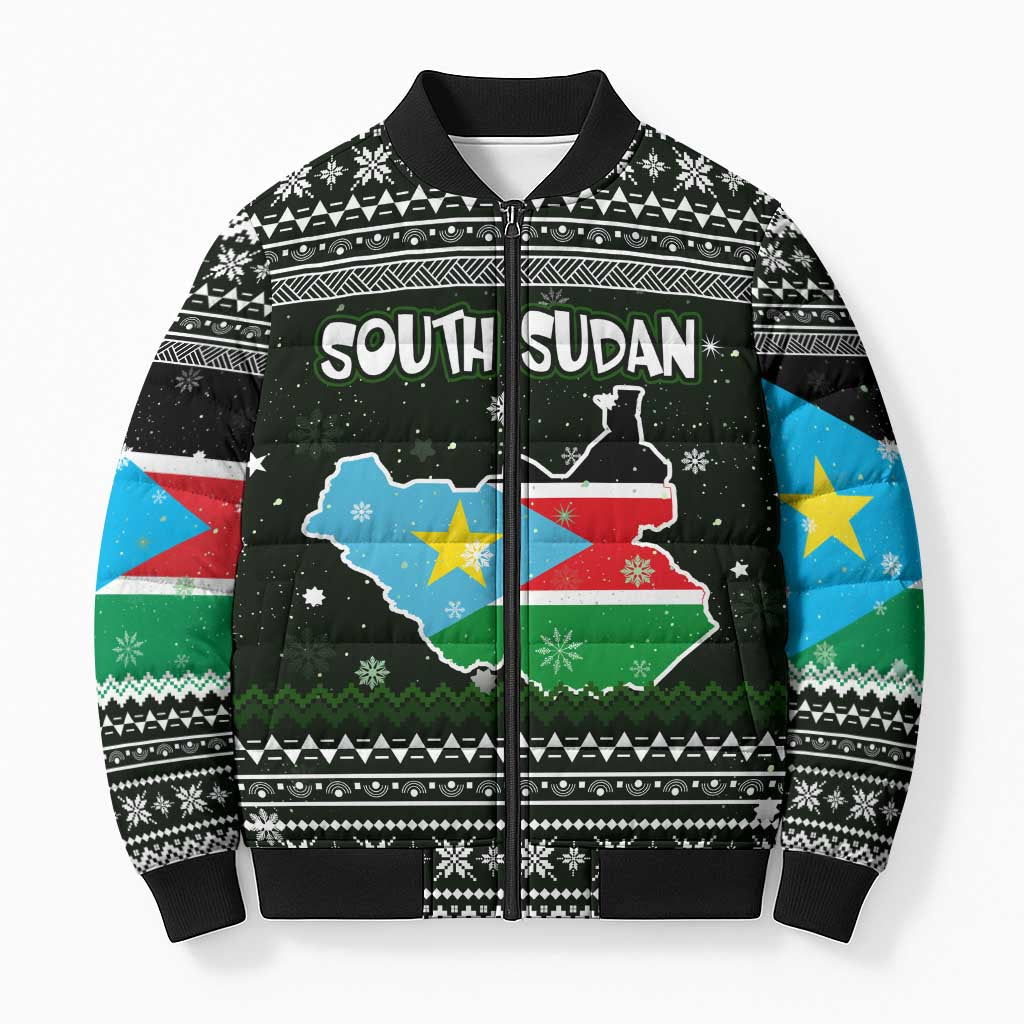 South Sudan Christmas Bomber Puffer Jacket with National Map, Flag Colors, and Sleeping Rhino Motif - Wonder Print Shop