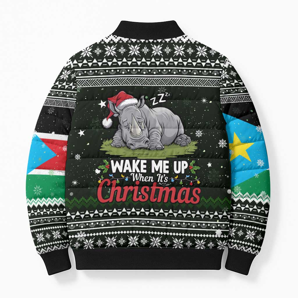 South Sudan Christmas Bomber Puffer Jacket with National Map, Flag Colors, and Sleeping Rhino Motif - Wonder Print Shop