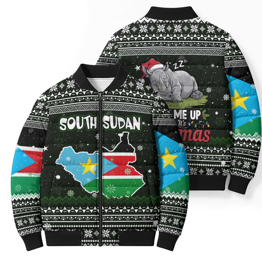 South Sudan Christmas Bomber Puffer Jacket with National Map, Flag Colors, and Sleeping Rhino Motif - Wonder Print Shop