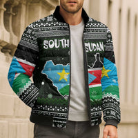 South Sudan Christmas Bomber Puffer Jacket with National Map, Flag Colors, and Sleeping Rhino Motif - Wonder Print Shop