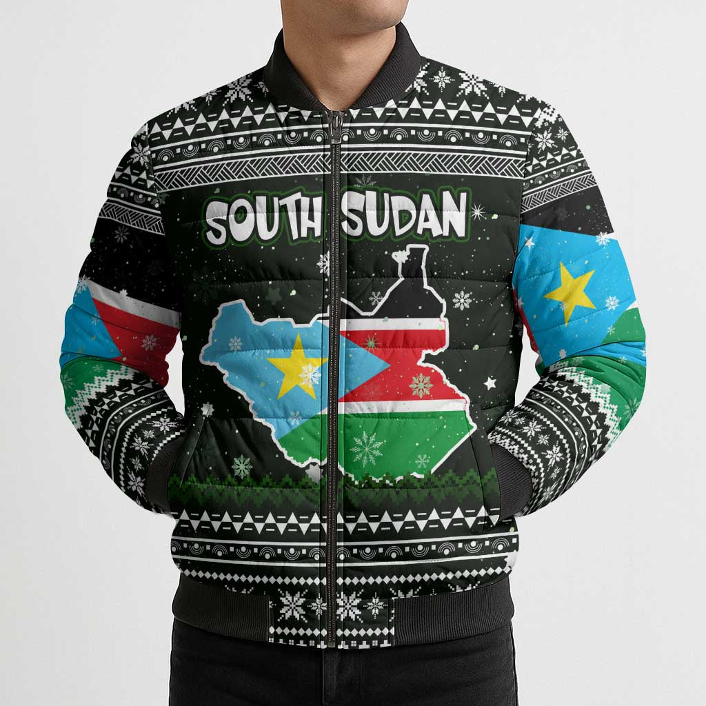 South Sudan Christmas Bomber Puffer Jacket with National Map, Flag Colors, and Sleeping Rhino Motif - Wonder Print Shop