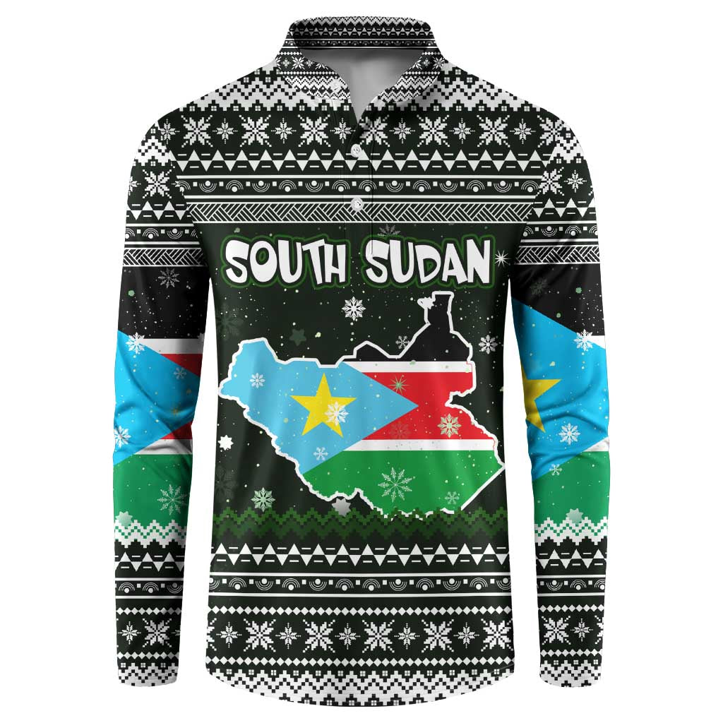 South Sudan Christmas Button Sweatshirt with National Map, Flag Colors, and Sleeping Rhino Motif - Wonder Print Shop