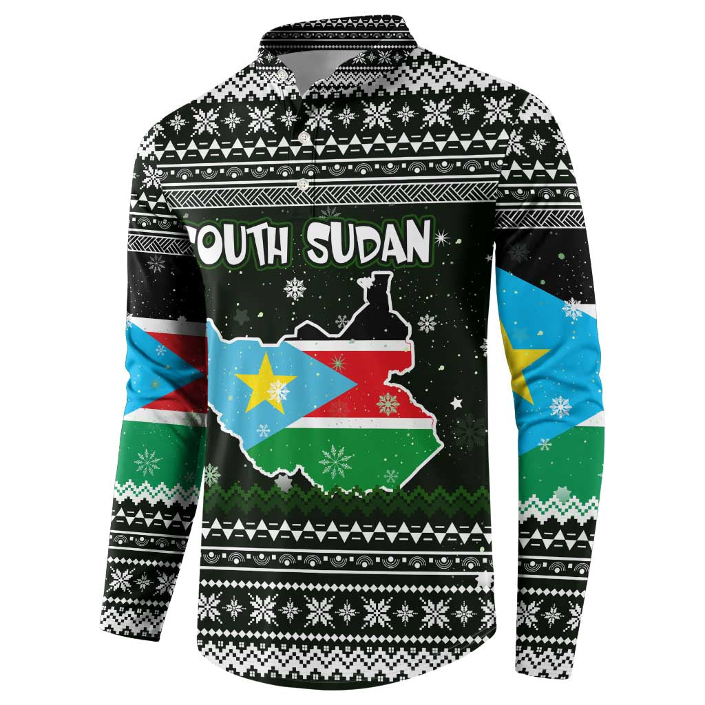 South Sudan Christmas Button Sweatshirt with National Map, Flag Colors, and Sleeping Rhino Motif - Wonder Print Shop