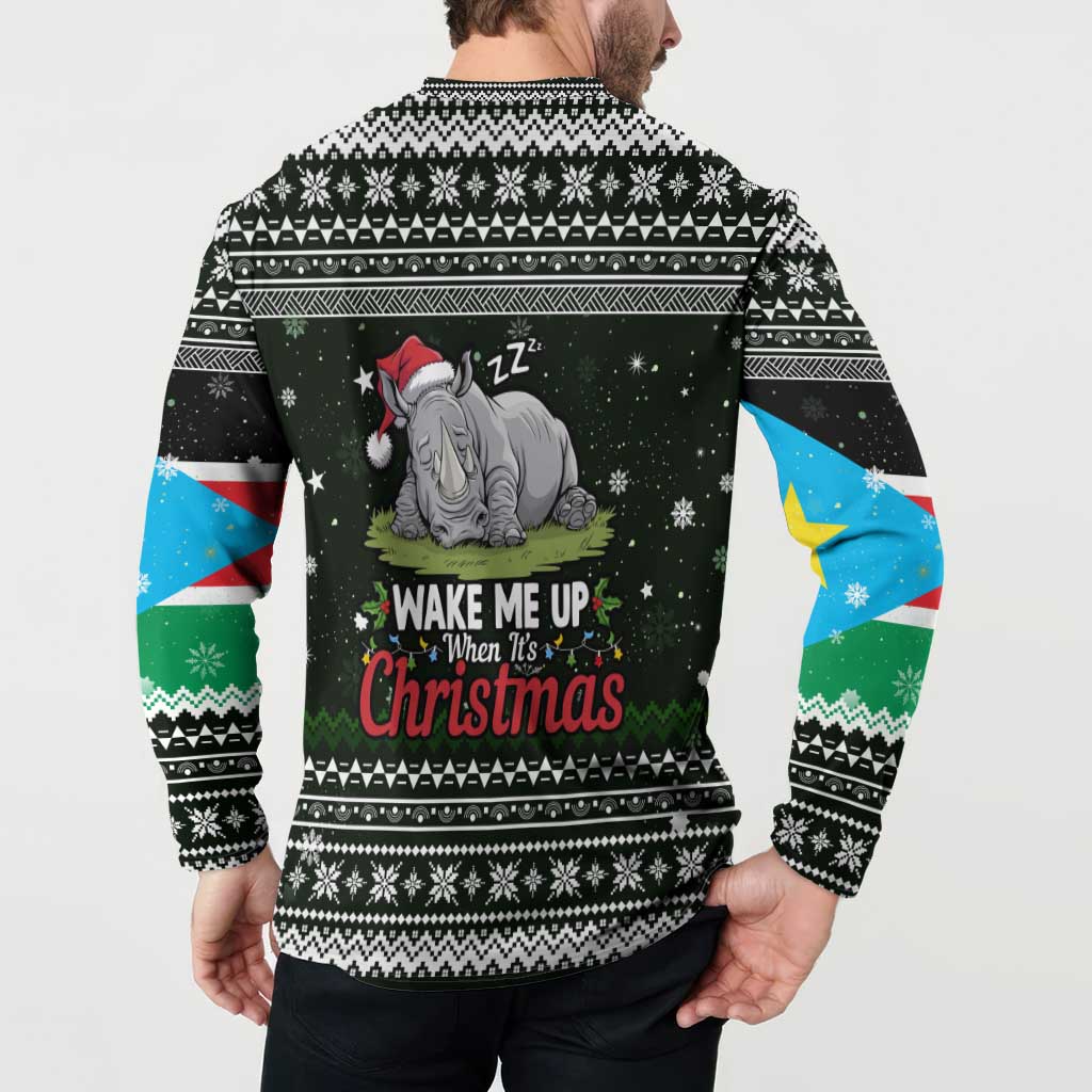 South Sudan Christmas Button Sweatshirt with National Map, Flag Colors, and Sleeping Rhino Motif - Wonder Print Shop