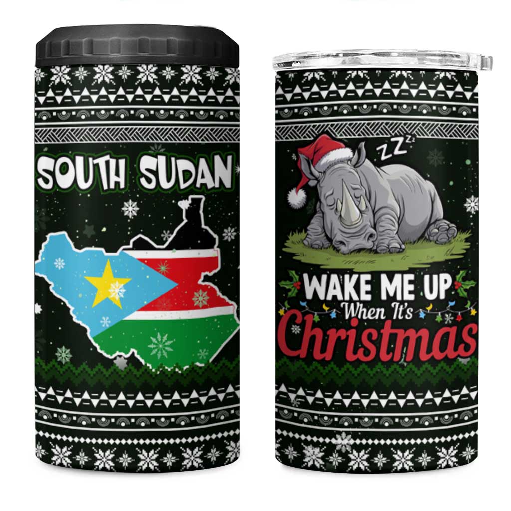 South Sudan Christmas 4 in 1 Can Cooler Tumbler with National Map, Flag Colors, and Sleeping Rhino Motif - Wonder Print Shop