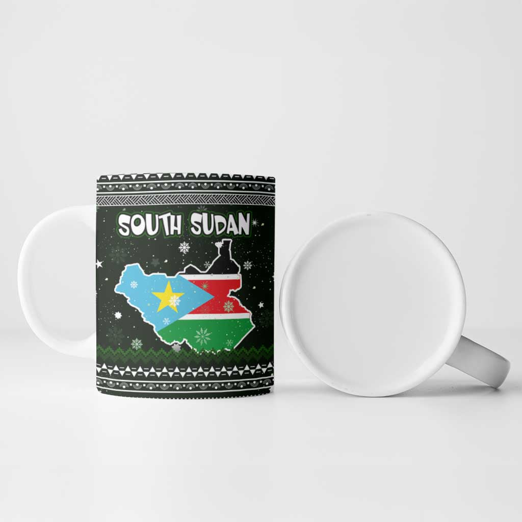 South Sudan Christmas Ceramic Mug with National Map, Flag Colors, and Sleeping Rhino Motif - Wonder Print Shop