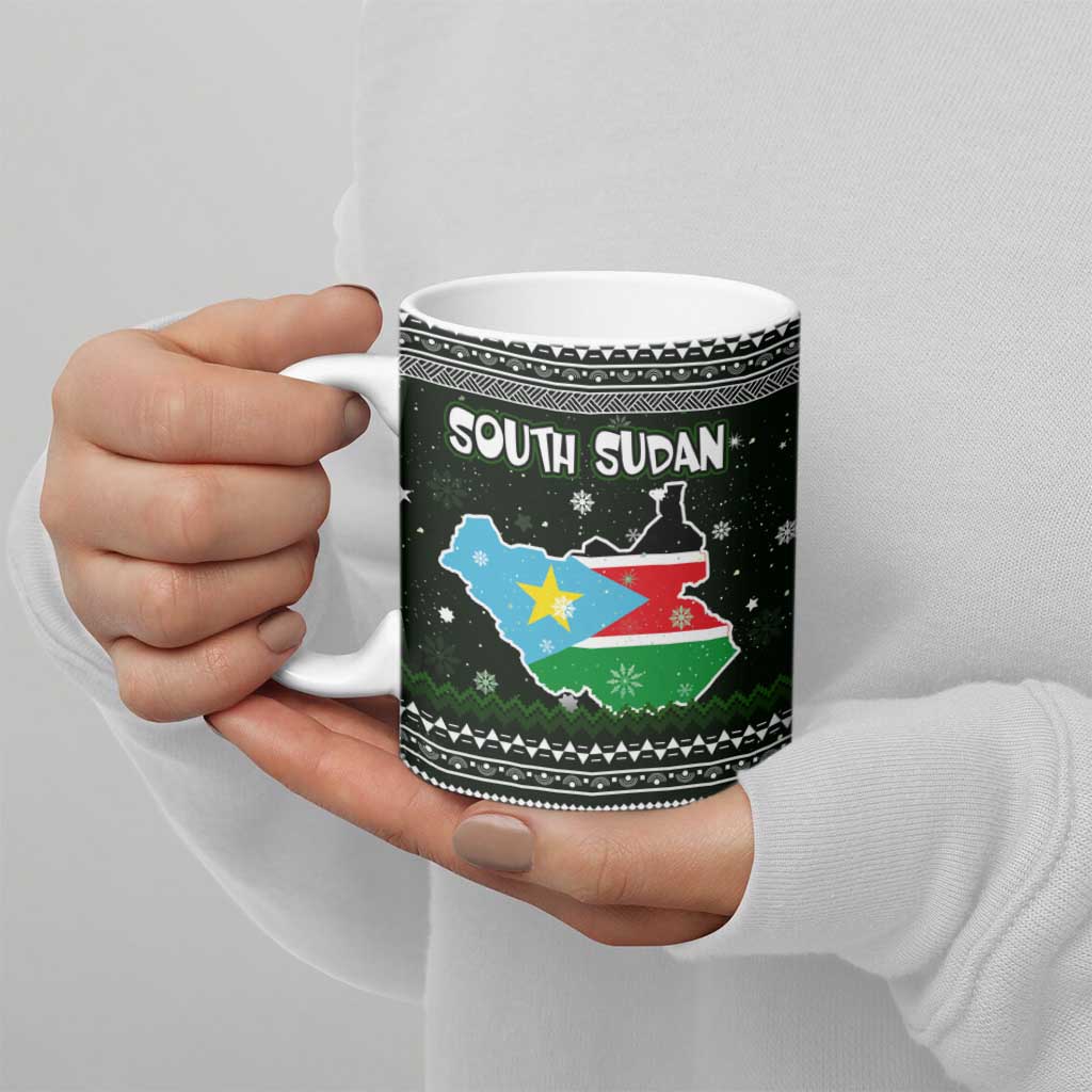 South Sudan Christmas Ceramic Mug with National Map, Flag Colors, and Sleeping Rhino Motif - Wonder Print Shop
