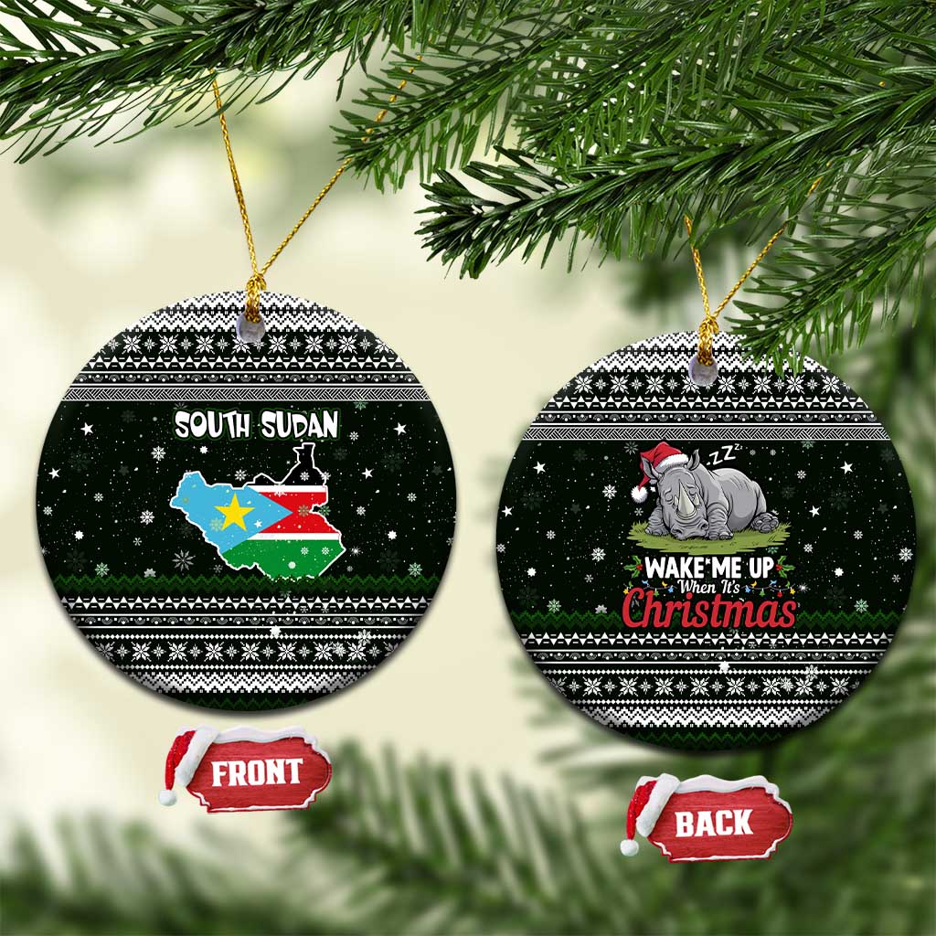 South Sudan Christmas Ceramic Ornament with National Map, Flag Colors, and Sleeping Rhino Motif - Wonder Print Shop