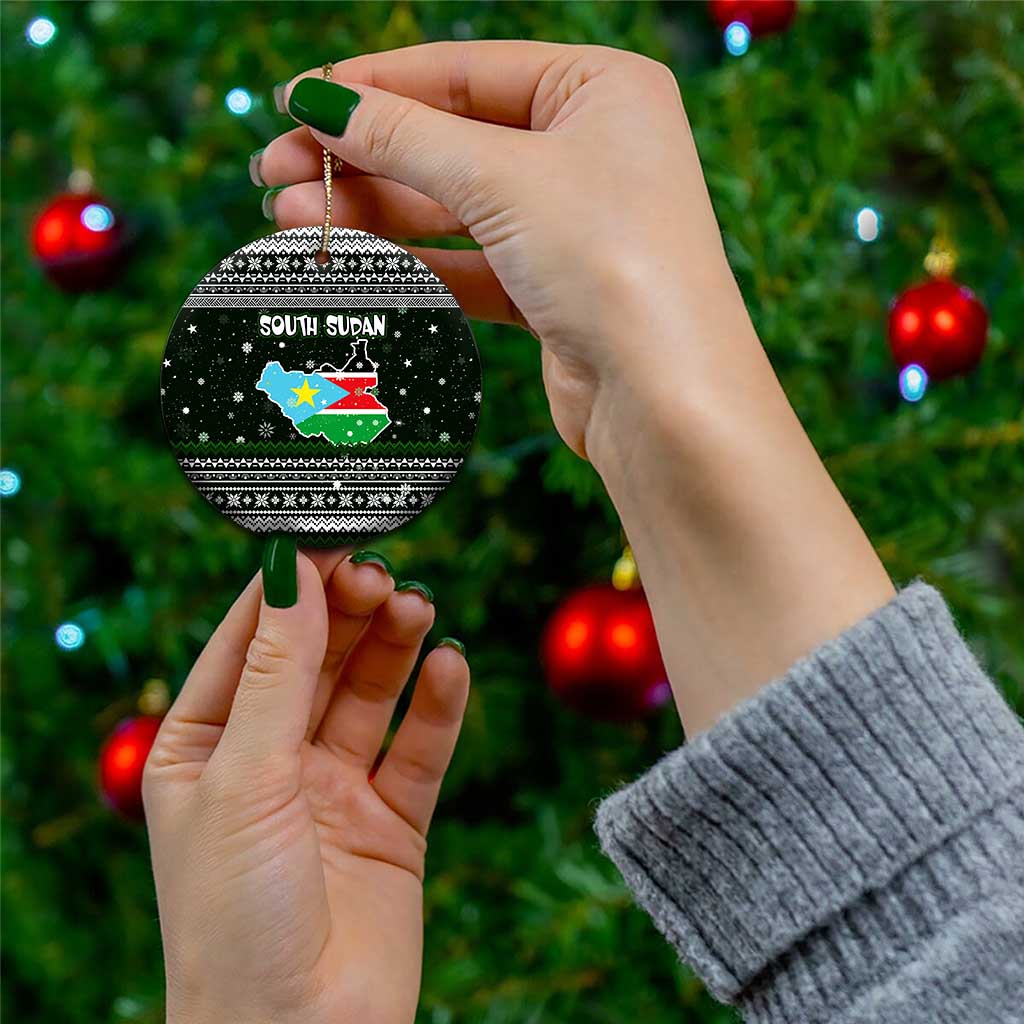 South Sudan Christmas Ceramic Ornament with National Map, Flag Colors, and Sleeping Rhino Motif - Wonder Print Shop