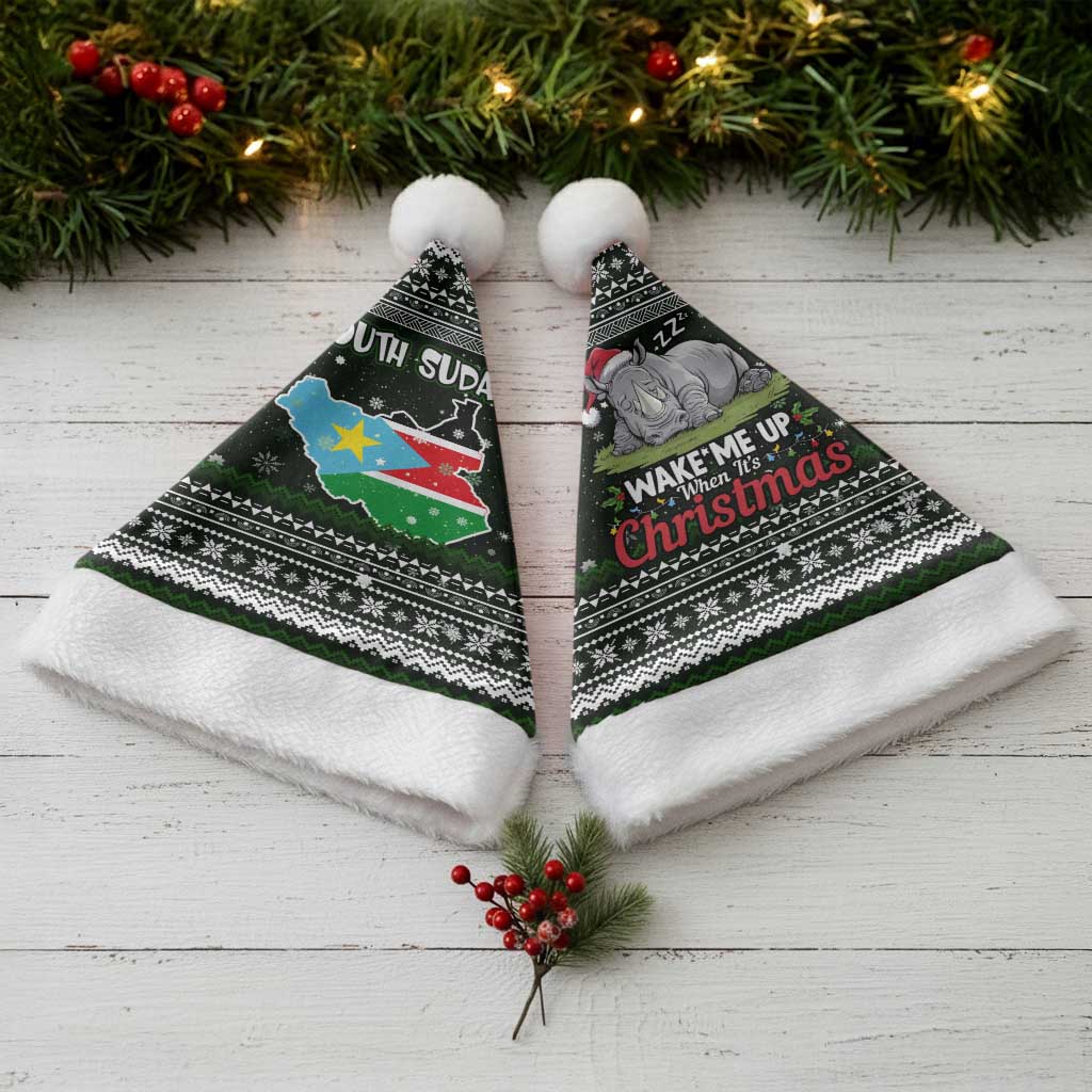 South Sudan Christmas Santa Hat with National Map, Flag Colors, and Sleeping Rhino Motif - Wonder Print Shop