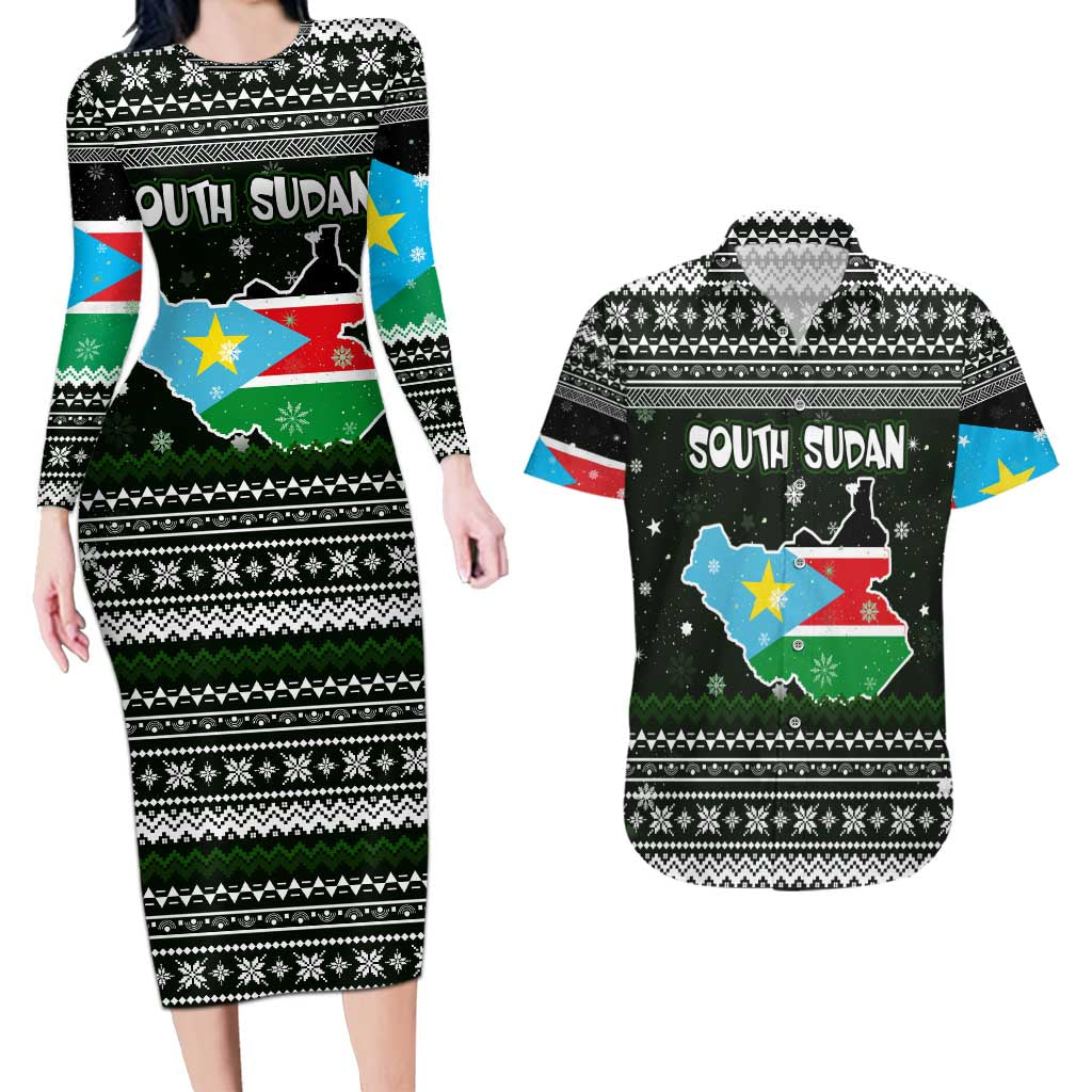 South Sudan Christmas Couples Matching Long Sleeve Bodycon Dress and Hawaiian Shirt with National Map, Flag Colors, and Sleeping Rhino Motif - Wonder Print Shop