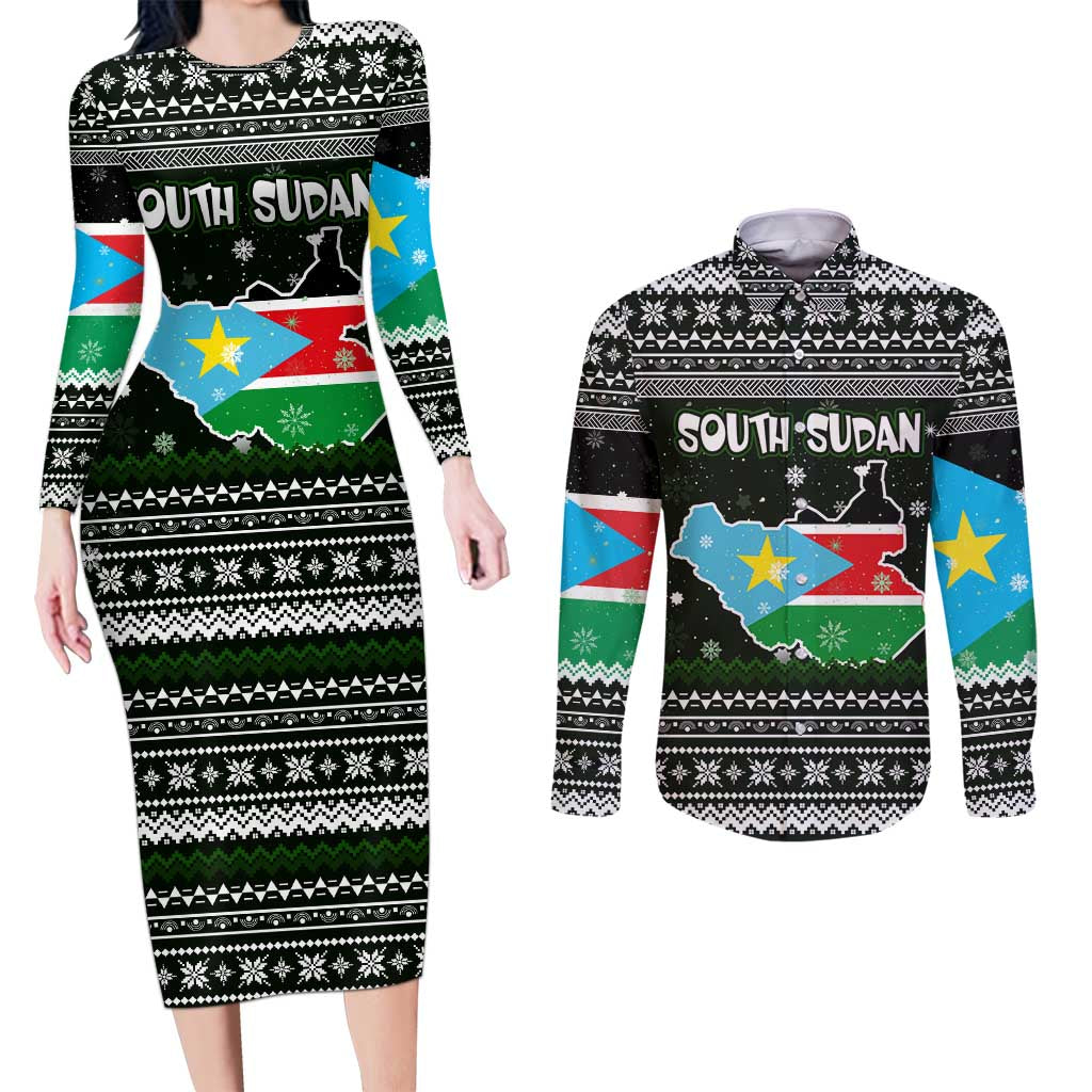 South Sudan Christmas Couples Matching Long Sleeve Bodycon Dress and Long Sleeve Button Shirt with National Map, Flag Colors, and Sleeping Rhino Motif - Wonder Print Shop