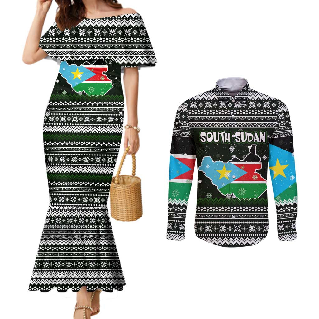 South Sudan Christmas Couples Matching Mermaid Dress and Long Sleeve Button Shirt with National Map, Flag Colors, and Sleeping Rhino Motif - Wonder Print Shop